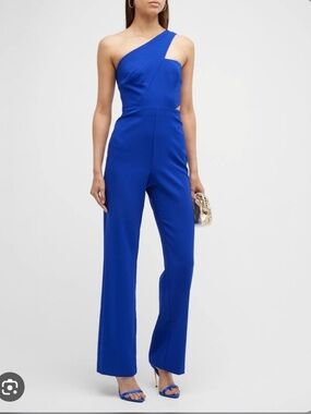 NEW Aidan Mattox Blue One Shoulder Crepe Jumpsuit Side Cut Out Size 6